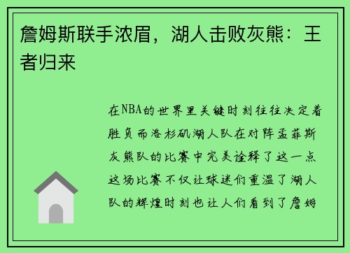 詹姆斯联手浓眉，湖人击败灰熊：王者归来